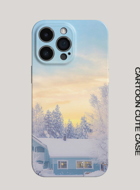 苹果iPhone手机壳菲林硬壳全包卡通雪景小屋图案蓝色保护套适用红米Note12RPro荣耀Magic6Pro苹果12Pro小米17