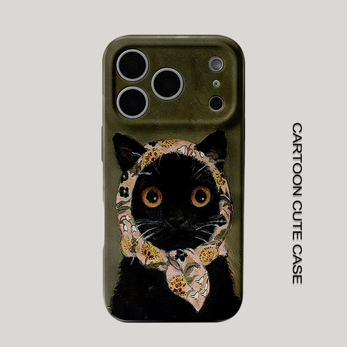 适用于iPhone17pro手机壳菲林壳碎花头巾黑猫咪油画复古插画卡通华为mate80promax苹果15/16/13磨砂软壳16pro