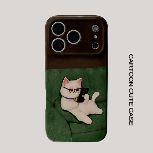 适用iPhone17pro手机壳菲林壳油画风慵懒躺沙发白猫咪保护套华为mate80promax苹果15/16/13磨砂软壳小米17pro