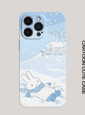 苹果iPhone卡通雪景兔子菲林硬壳全包手机保护套可爱蓝色防摔壳适用17Pro/16/15/14/13/12华为Pura80Pro小米8