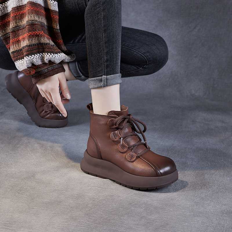 头层牛皮手工马丁靴女秋冬真皮羊毛里大码棉鞋复古松糕厚底短靴子
