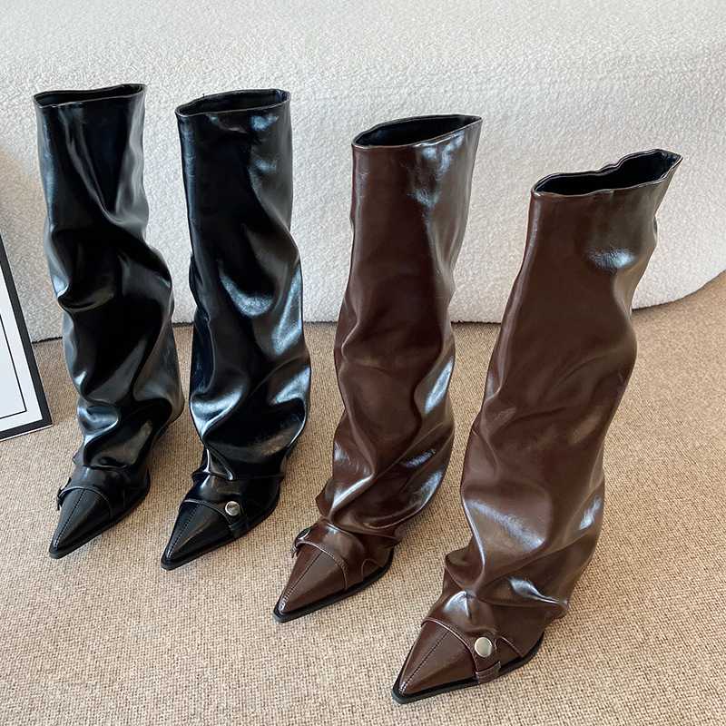 F7868-1时髦褶皱不过膝长筒靴2025新款辣妹高筒靴堆堆靴裤管靴子