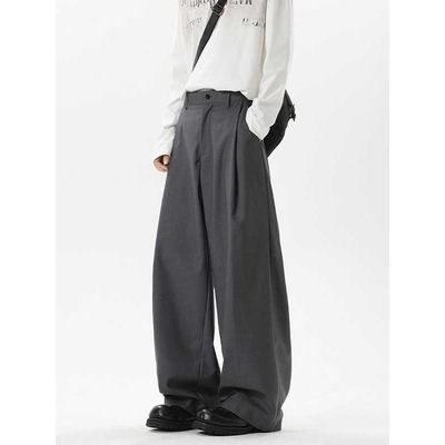 黑色褶皱西裤男春秋垂感宽松阔腿休闲裤子潮牌美式高街直筒西装裤