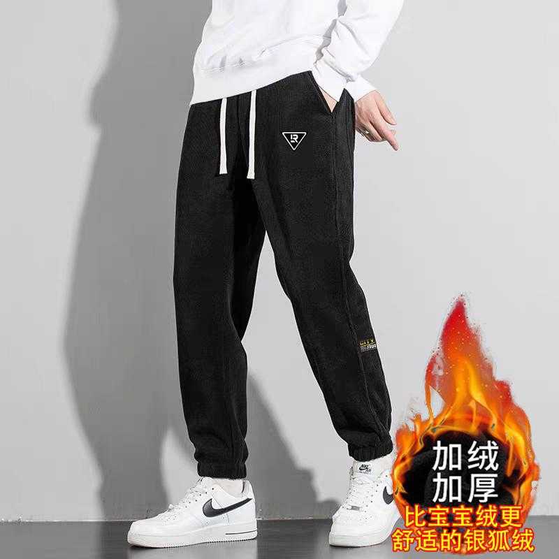 秋冬季灯芯绒休闲裤男士裤子加绒加厚雪尼尔拼接卫裤男条绒运动裤