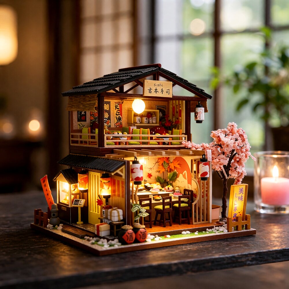 DIY手工益智拼装寿司店小屋木质微缩场景创意建筑模型摆件礼物