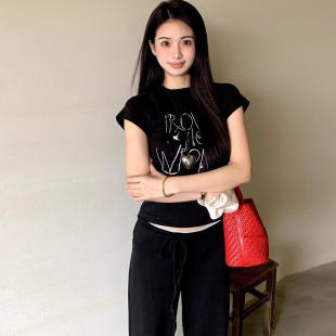 白色上衣 黑色正肩圆领短袖 t恤女2025夏季 辣妹风修身 显瘦气质短款
