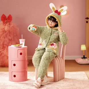 2026新款女童卡通连帽夹棉家居服套装秋冬款加厚三层保暖可外穿
