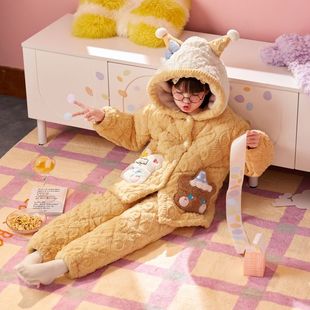 女童卡通连帽家居服套装2026新款秋冬三层夹棉加厚珊瑚绒可外穿