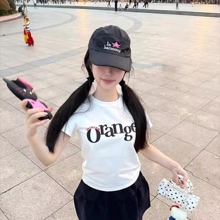 学院风辣妹显瘦上衣 美式 复古正肩t恤女夏季 字母印花白色修身 短袖