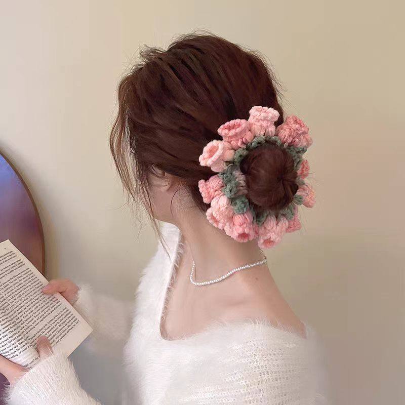 春季出游拍照手工钩织铃兰花毛线大肠圈扎马尾发圈丸子头皮筋发绳