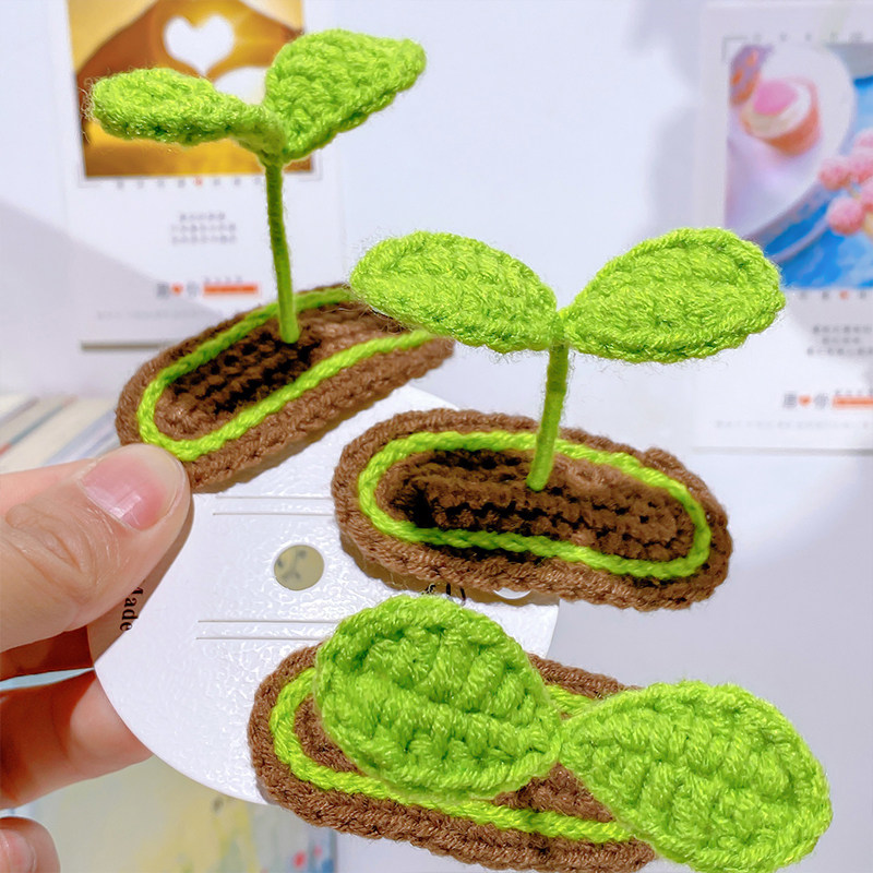 网红新款纯手工钩织毛线豆芽发夹可爱萌系立体小草bb夹精品店发饰