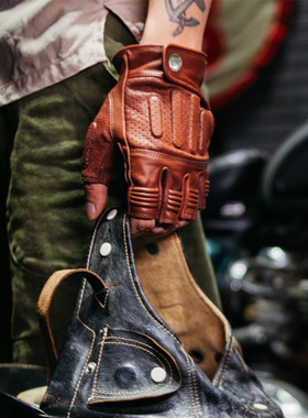 福禄车库复古半指摩托车手套夏季透气拉斯达善胎羊皮骑行机车手套