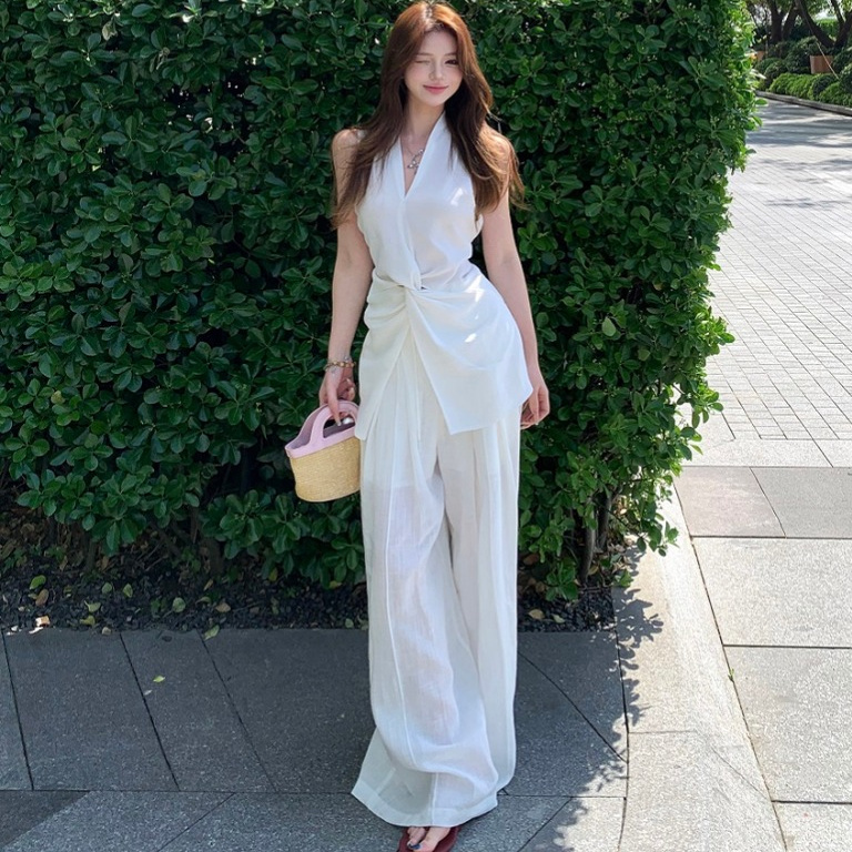 无袖衬衫套装女设计感扭结气质高级感上衣阔腿裤夏季休闲两件套女