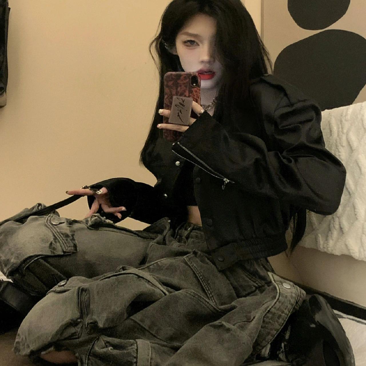 美式复古黑色短款外套女春季小个子显瘦高级感飞行员夹克上衣女装