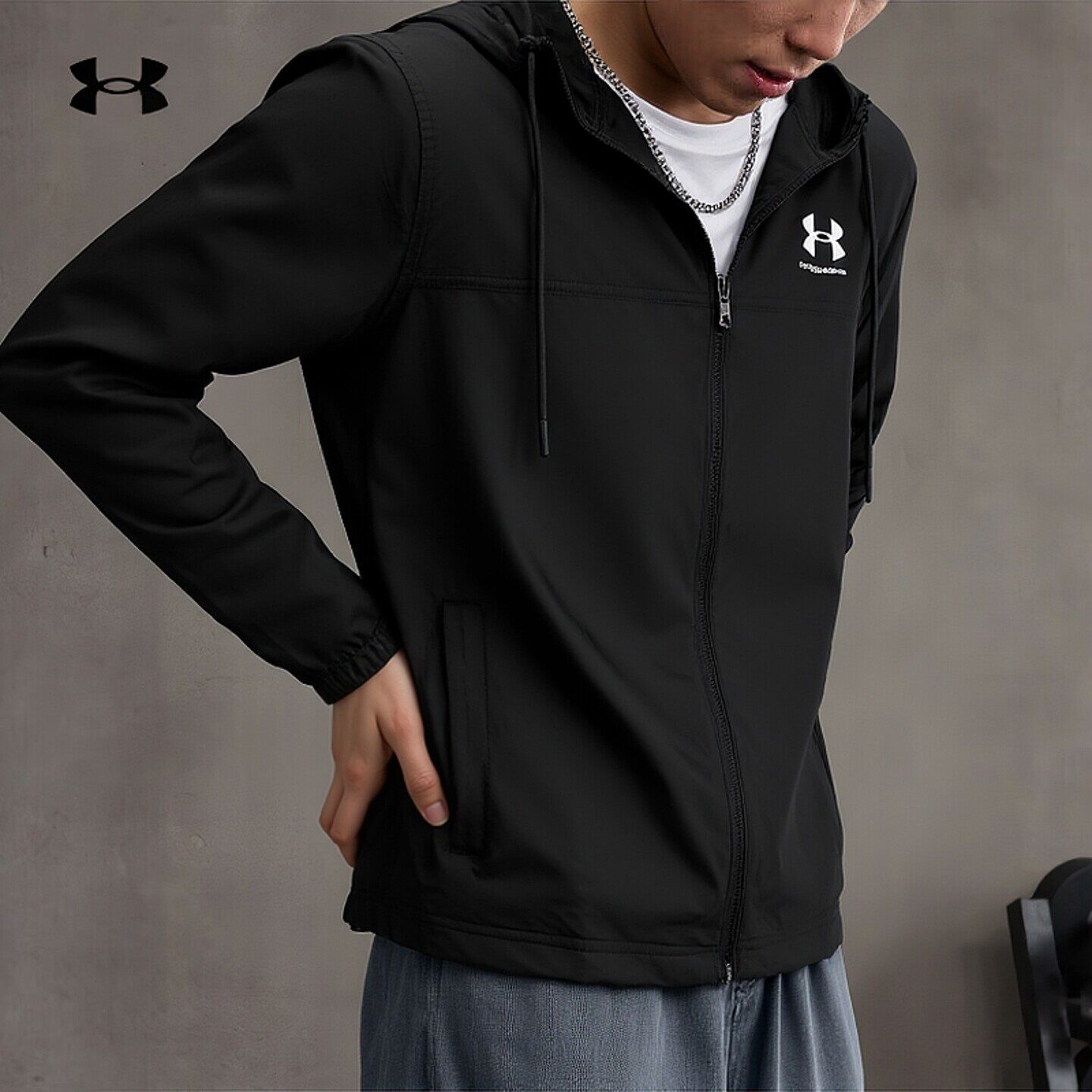 UA安德玛Rival梭织运动服男2026春季新款连帽夹克休闲外套1390149