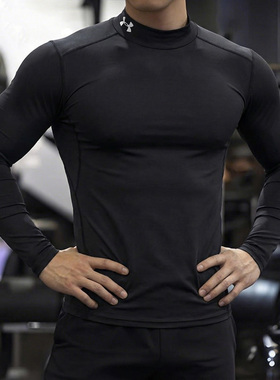 安德玛长袖T恤 HeatGear男子半高领训练运动服快干弹力户外紧身衣