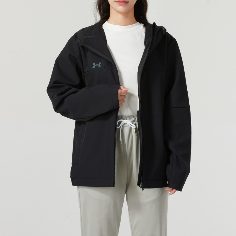 UA安德玛男女装黑色运动服2026新款梭织连帽夹克宽松外套24600408