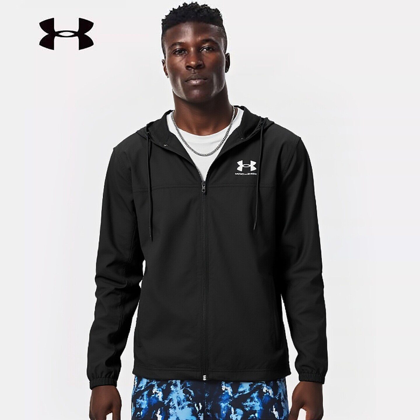 UA安德玛Rival梭织运动服男2026春季新款黑色外套连帽夹克1390149