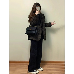 150小矮个子格纹复古毛呢西装外套女秋冬高级感休闲呢子气质大衣