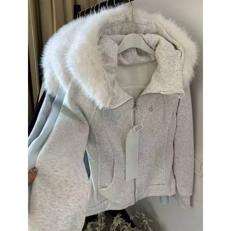 2025新款秋冬季lulu可拆卸毛领加绒卫衣女高级感修身显瘦连帽外套