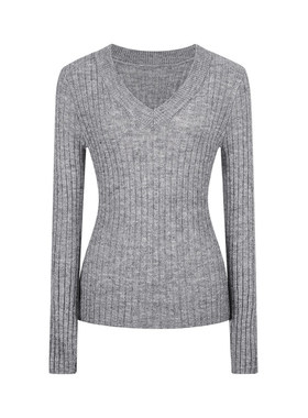 MosesQueen魔西女王灰色v领针织打底衫女春秋冬内搭毛衣长袖上衣