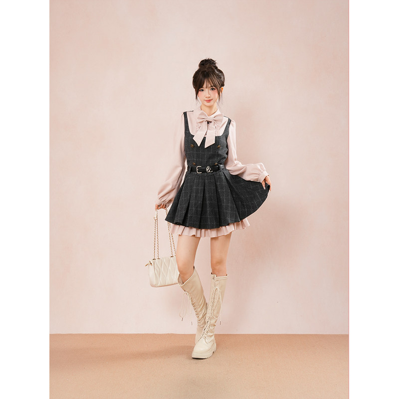 雾蓝花楹 蝴蝶结衬衫格纹百褶连衣裙秋冬新款假两件拼接短款裙子