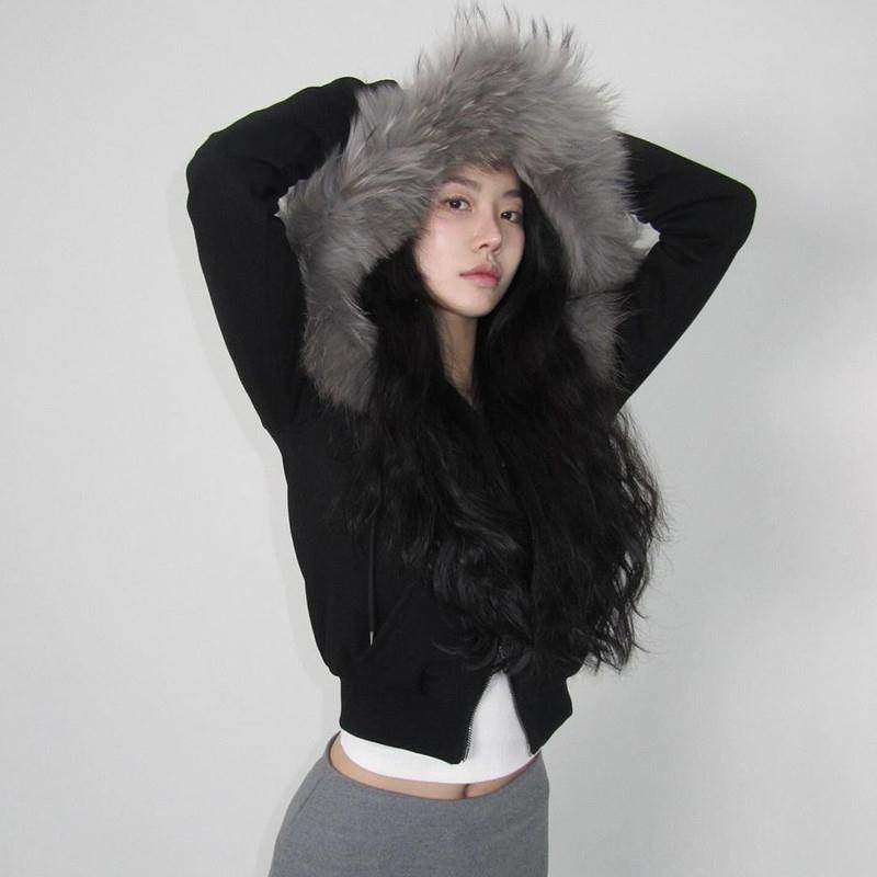 FabGirls 冬日古早双拉头毛毛连帽加绒卫衣外套 小众百搭显瘦上衣