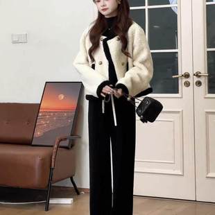 2025秋季新款小个子气质加厚短款毛绒外套女搭休闲阔腿裤两件套