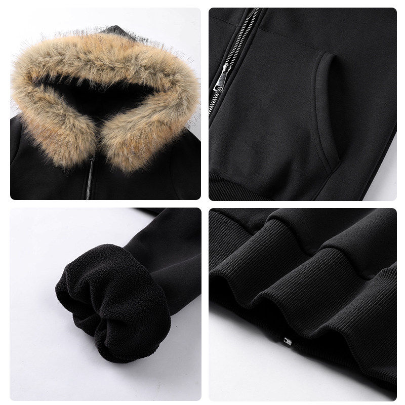 黑色毛领连帽卫衣外套女秋冬季加绒厚款修身美式复古短款上衣穿搭