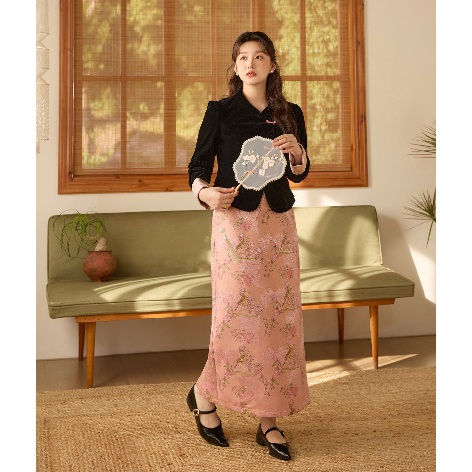 大码女装微胖黑色盘扣丝绒外套新中式粉色提花半身裙套装女冬