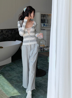 Boamarket条纹帽衫 灰色休闲运动裤女卫衣两件套减龄时尚连帽显瘦