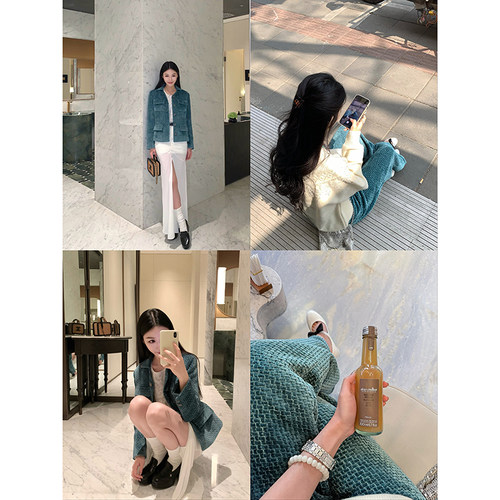 Boamarket 孔雀绿灯芯绒套装女春季气质小香外套休闲长裤两件套
