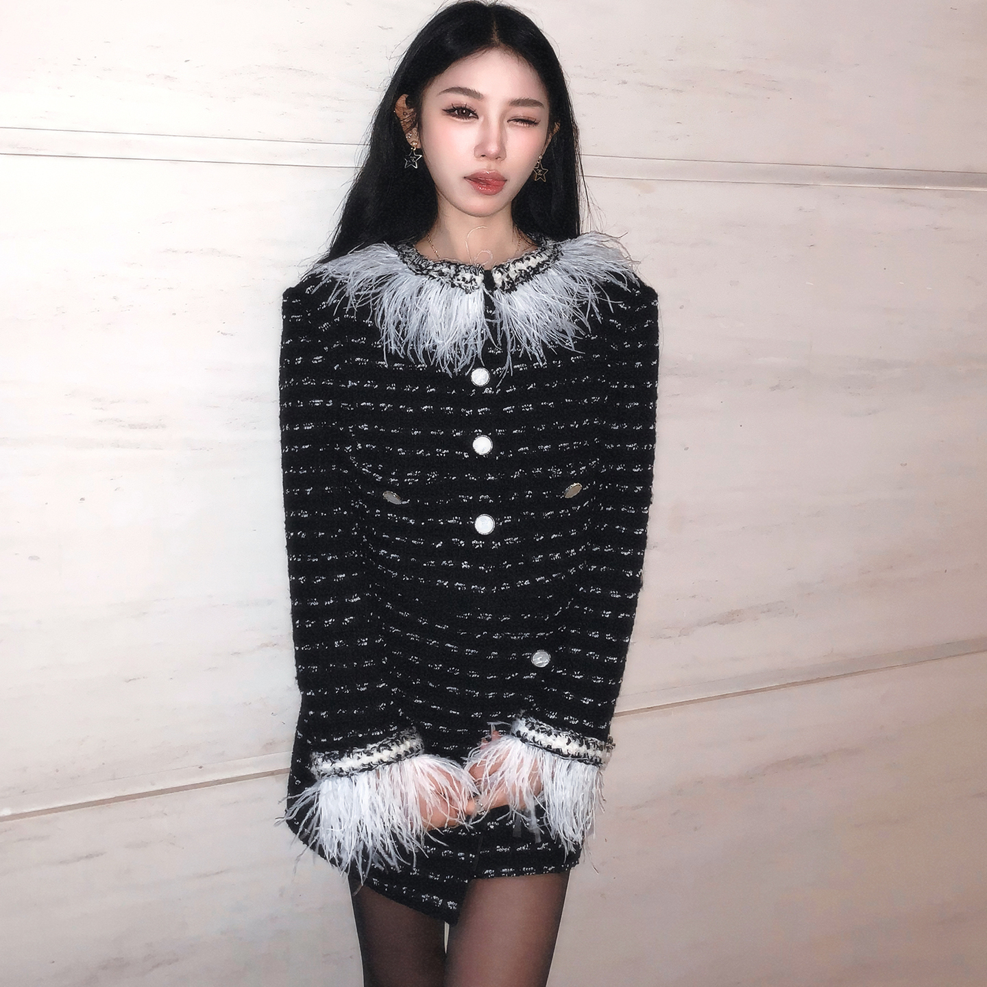 Boamarket【典藏系列】羽毛粗花呢套装女冬毛呢外套半身裙两件套