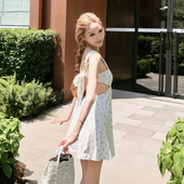 蓝色碎花连衣裙纯欲收腰显瘦露背无袖 Boamarket 迷雾白茶 短裙