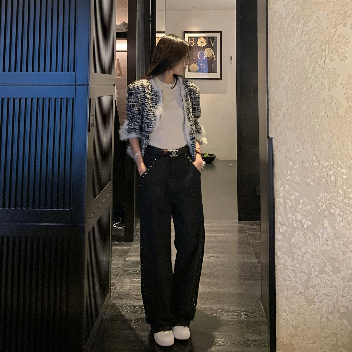 Boamarket 水洗铆钉牛仔裤女冬季新款宽松显瘦休闲直筒设计感裤子