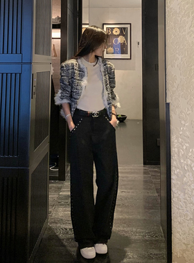 Boamarket 水洗铆钉牛仔裤女冬季新款宽松显瘦休闲直筒设计感裤子