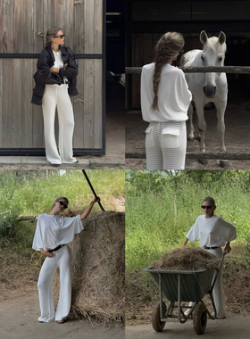 Boamarket cozy白色网格长裤子女2026春季新款宽松设计感休闲裤