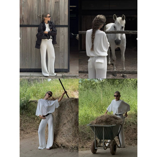 Boamarket cozy白色网格长裤子女2026春季新款宽松设计感休闲裤