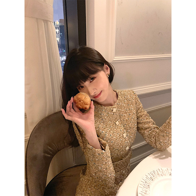 Boamarket 金色亮闪贵气小香花呢编织外套女秋冬季圆领收腰连衣裙,女装/女士精品,毛呢外套,淘宝优惠券,粉丝福利购,淘宝优惠卷