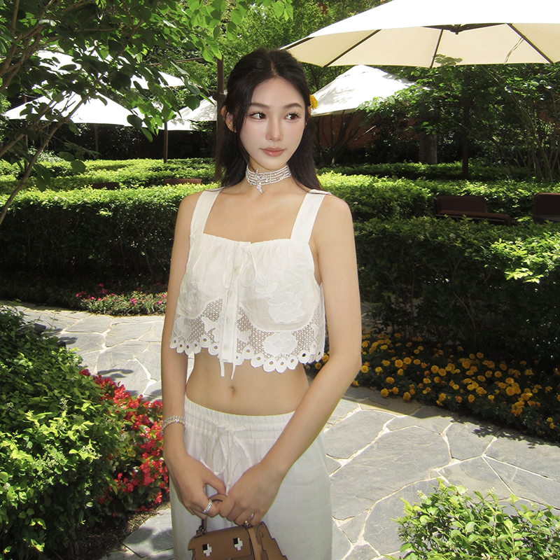 Boamarket 白色刺绣套装女2025年夏季新品无袖吊带上衣长裤两件套