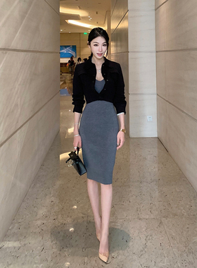 Boamarket 灰色针织包身裙女春季2025新款修身性感针织长袖连衣裙