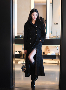 Boamarket罗曼大道 黑色大衣女2024冬新款复古气质长款羊毛呢外套