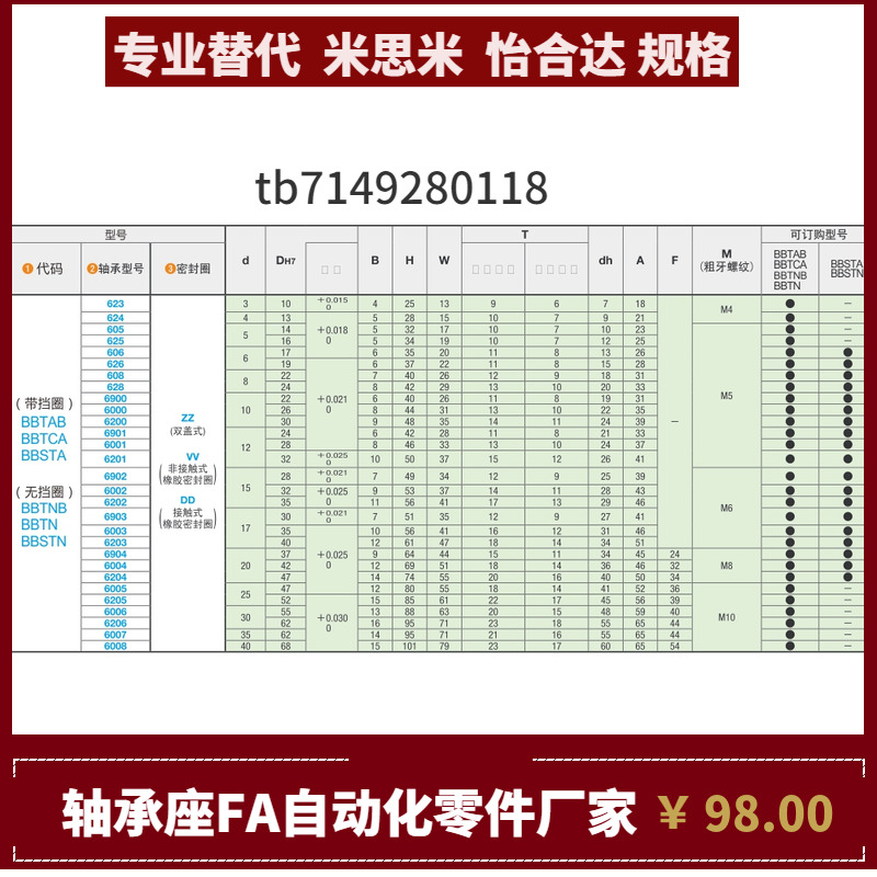 BBTAB BBTCA BBSTA6006 6206 6007 6008ZZ VV DD轴承座替代米思米