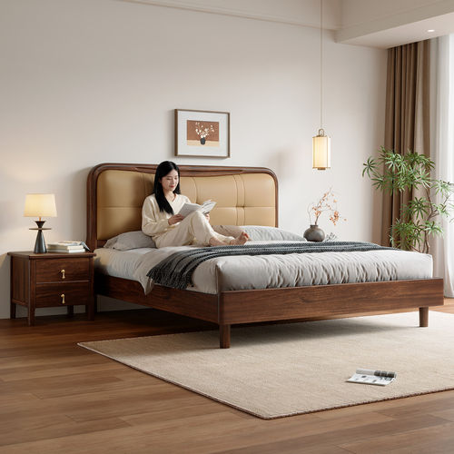 黑胡桃木实木床1.8米双人床新中式现代简约1.5米储物软包主卧婚床