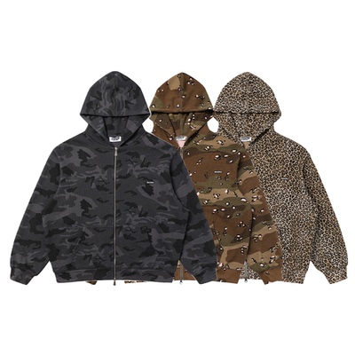 基础迷彩华夫格拉链连帽卫衣