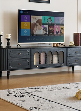 法式实木电视柜现代简约客厅储物柜黑色储物柜中古风小户型电视柜