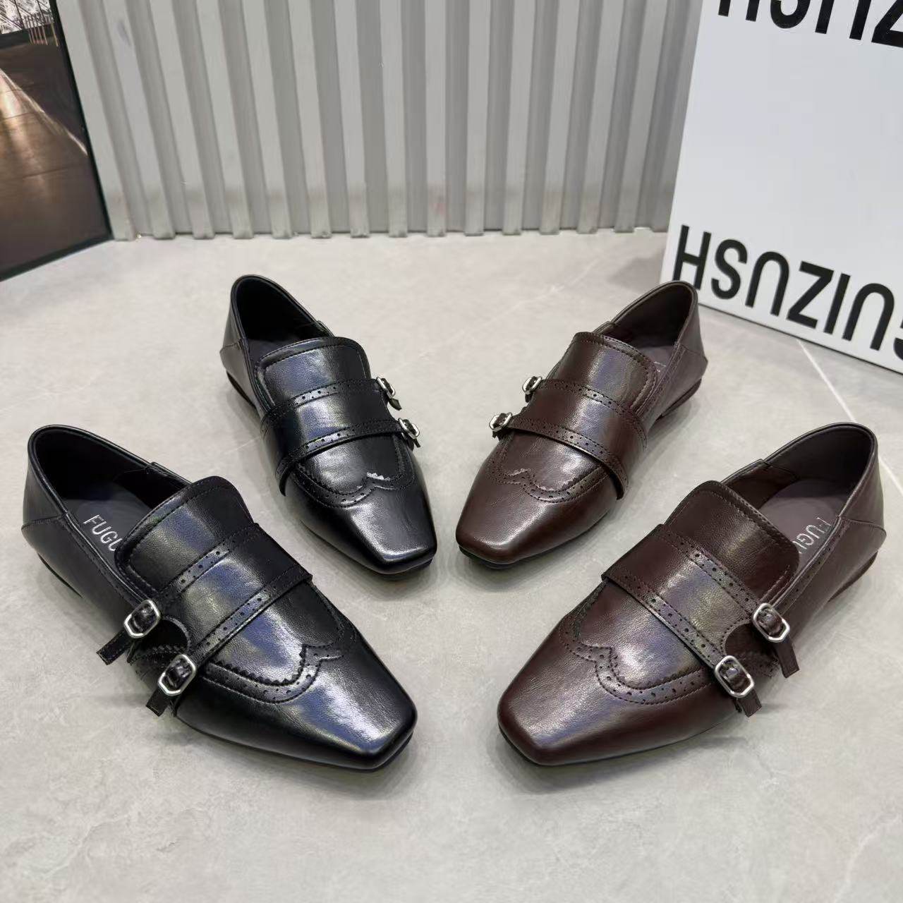 欧货2025秋冬新款时尚英伦风时尚方头低跟布洛克皮带扣深口单鞋女,女鞋,乐福鞋（豆豆鞋）,淘宝优惠券,粉丝福利购,淘宝优惠卷