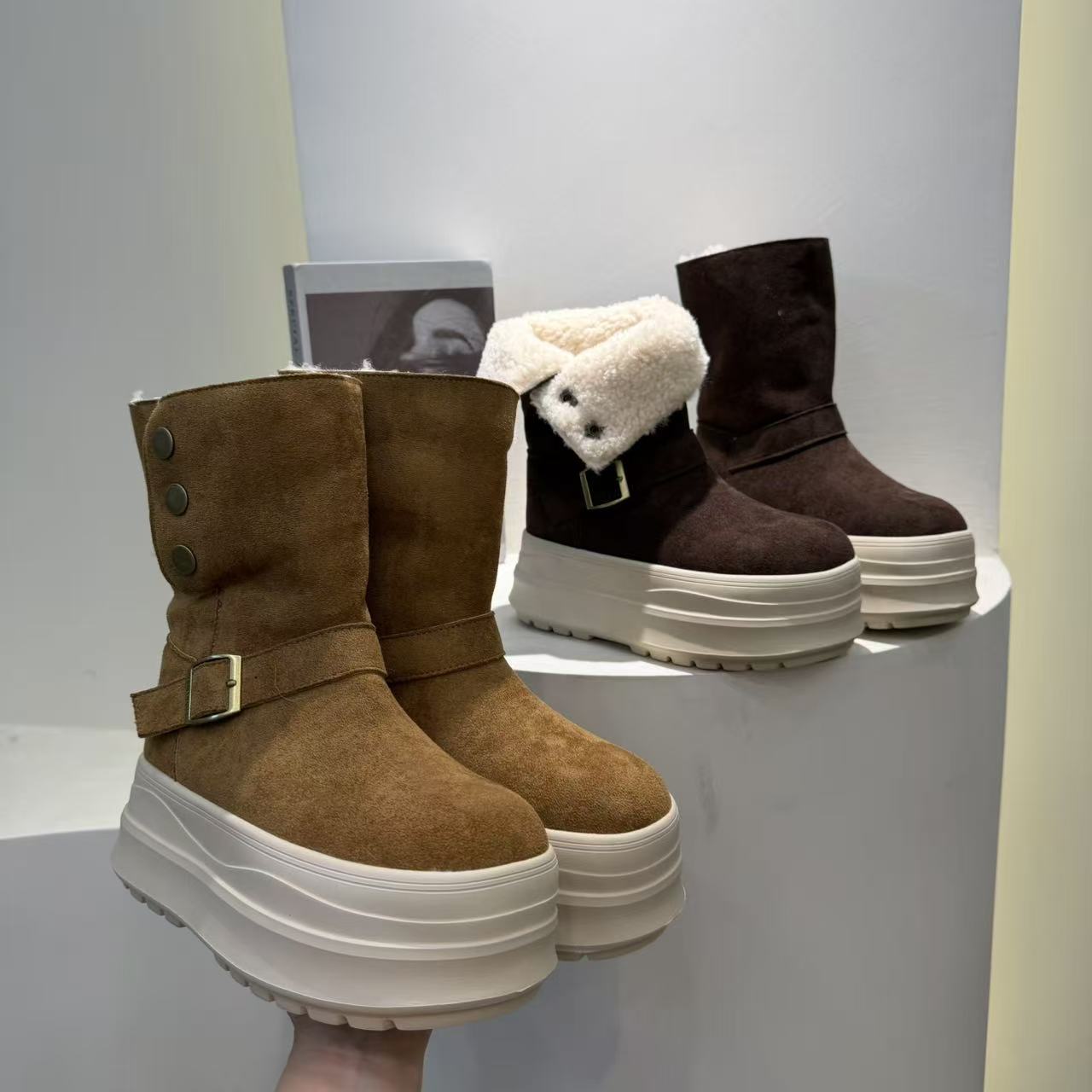 欧货毛毛鞋翻边厚底松糕两穿雪地