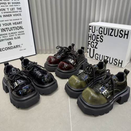 欧洲站厚底圆头系带小个子乐福鞋