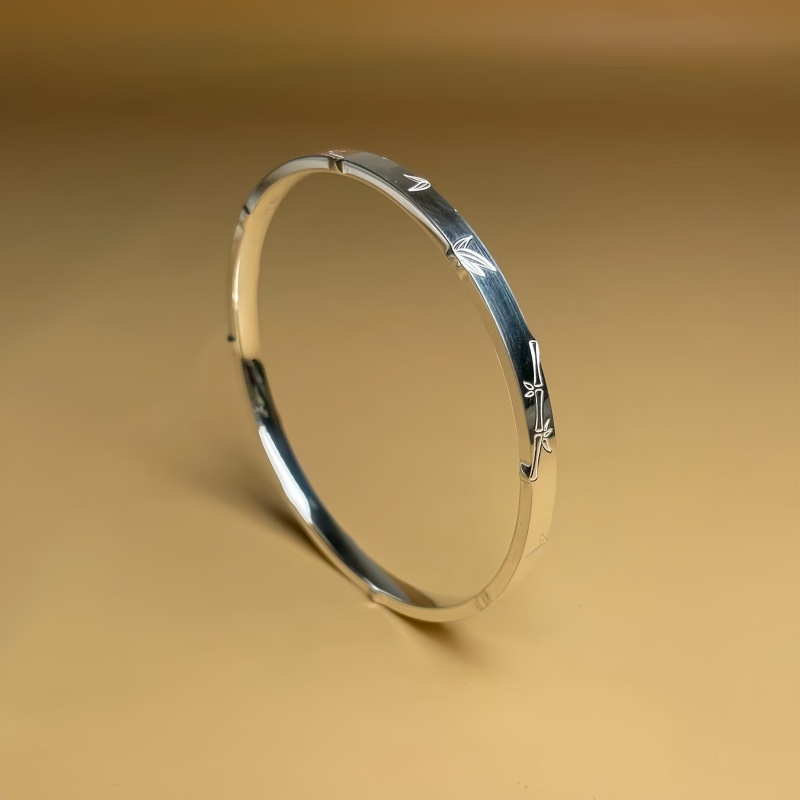 竹子手镯纯银女闭口扁条999.9足银年轻款民族风送女友礼物银镯子